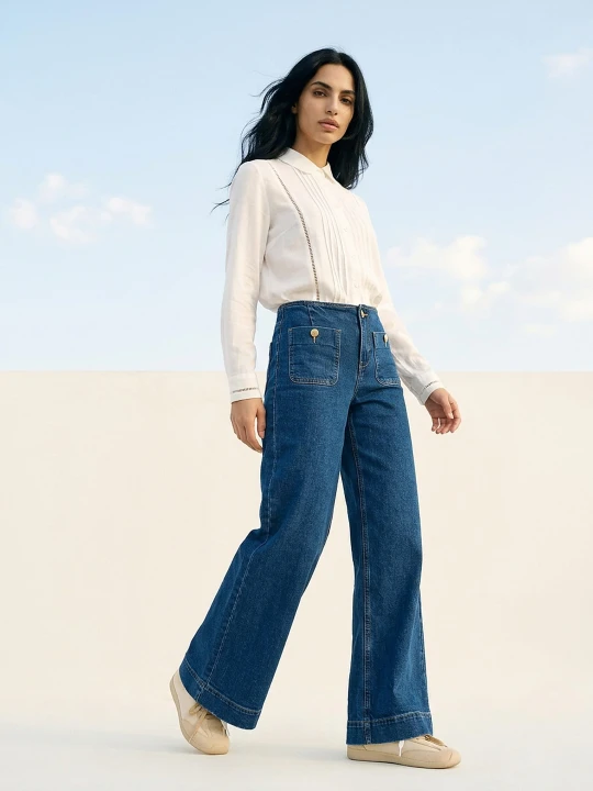 Zdjęcie produktu Sinsay - Jeansy wide leg z efektem sprania - granatowy