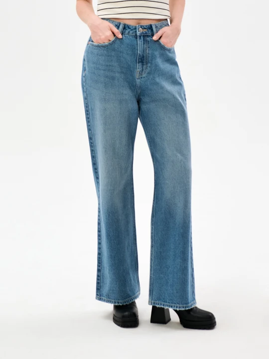 Zdjęcie produktu Sinsay - Jeansy wide leg z efektem sprania - niebieski