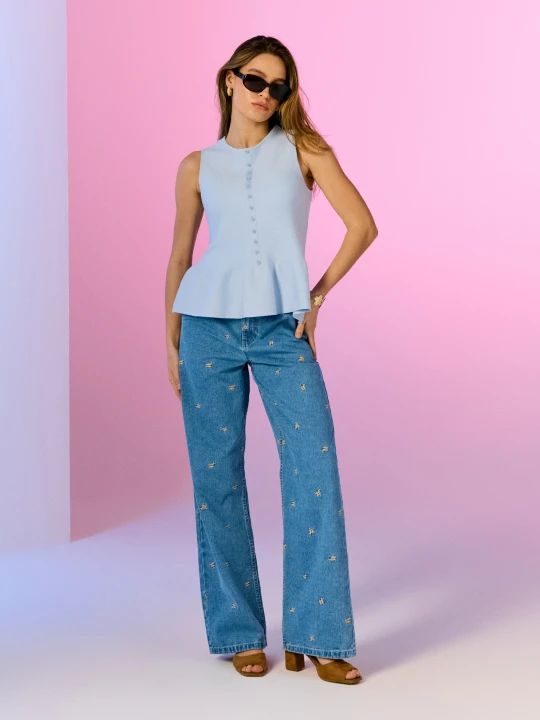 Zdjęcie produktu Sinsay - Jeansy wide leg z haftem - niebieski