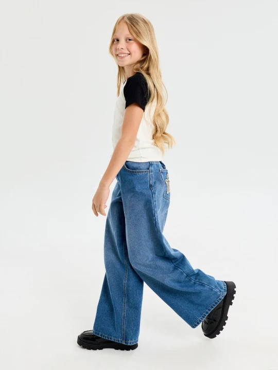 Zdjęcie produktu Sinsay - Jeansy wide leg z ozdobną aplikacją gwiazdek - niebieski