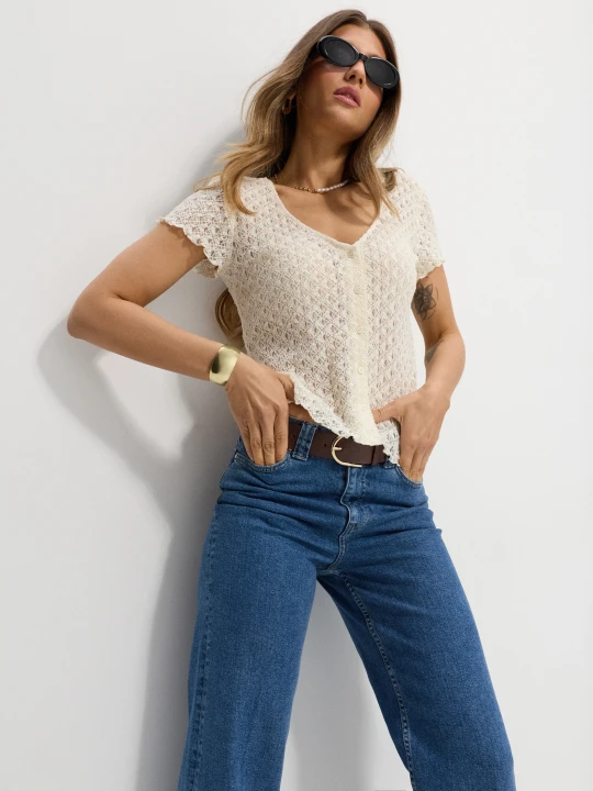 Zdjęcie produktu Sinsay - Jeansy wide leg z paskiem - niebieski