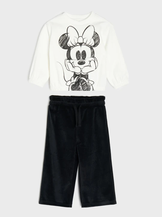 Zdjęcie produktu Sinsay - Komplet: bluza z nadrukiem Minnie Mouse i welurowe spodnie wide leg - kremowy