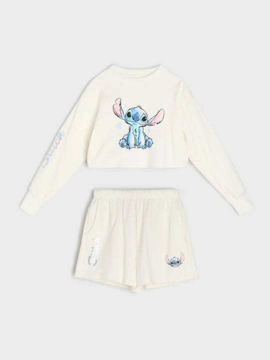 Zdjęcie produktu Sinsay - Komplet dresowy Stitch: bluza i szorty - kremowy