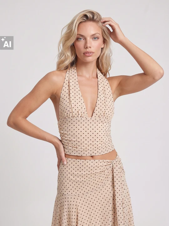 Zdjęcie produktu Sinsay - Komplet z topem halter i spódnicą midi w grochy - wielobarwny