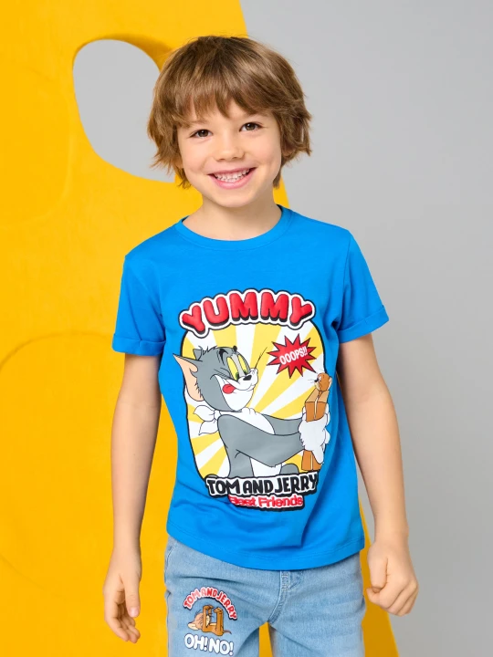 Zdjęcie produktu Sinsay - Bawełniana koszulka z nadrukiem Tom and Jerry - niebieski