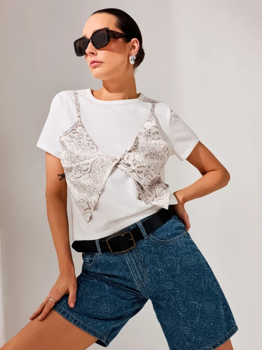 Zdjęcie produktu Sinsay - Koszulka z naszytym topem w print paisley - kremowy