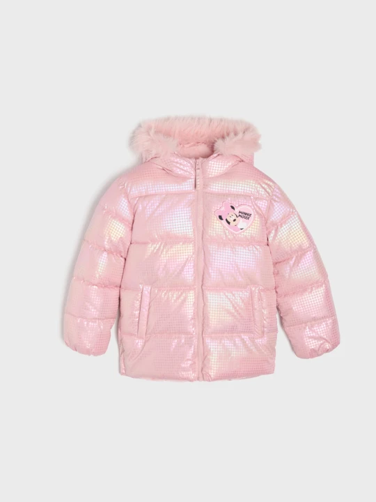 Zdjęcie produktu Sinsay - Kurtka puffer z błyszczącym wykończeniem i futrzanym kapturem Minnie Mouse - pomarańczowy