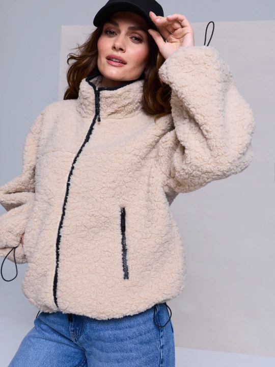 Zdjęcie produktu Sinsay - Kurtka teddy ze stójką i kieszeniami na zamek - kremowy