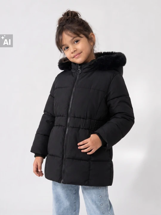 Zdjęcie produktu Sinsay - Pikowana kurtka puffer z kapturem i futerkiem - czarny