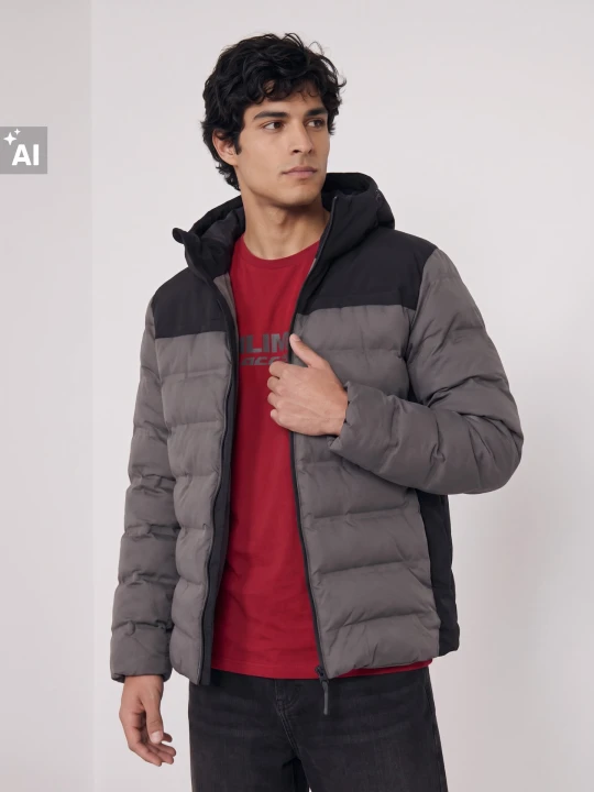 Zdjęcie produktu Sinsay - Pikowana kurtka puffer z kapturem z odblaskowymi elementami - szary