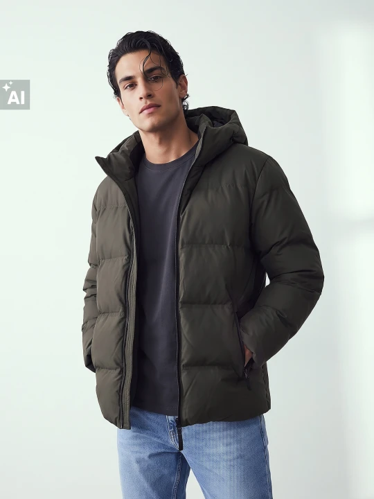 Zdjęcie produktu Sinsay - Pikowana kurtka z kapturem - khaki