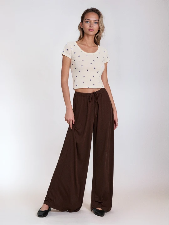 Zdjęcie produktu Sinsay - Prążkowane spodnie wide leg z gumką w pasie - brązowy