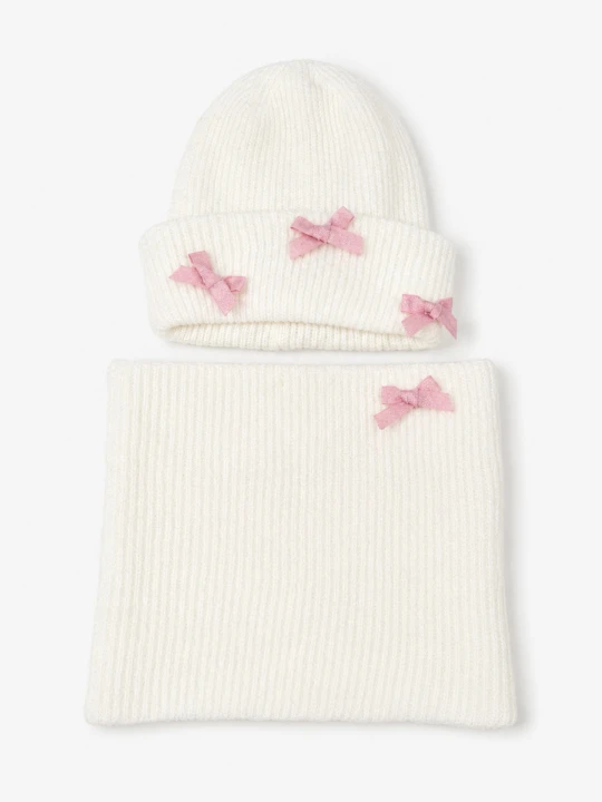 Zdjęcie produktu Sinsay - Prążkowany komplet z kokardkami: czapka beanie i komin 2 pack - kremowy