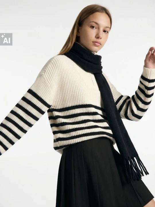 Zdjęcie produktu Sinsay - Prążkowany sweter half-zip w paski z bawełną - wielobarwny