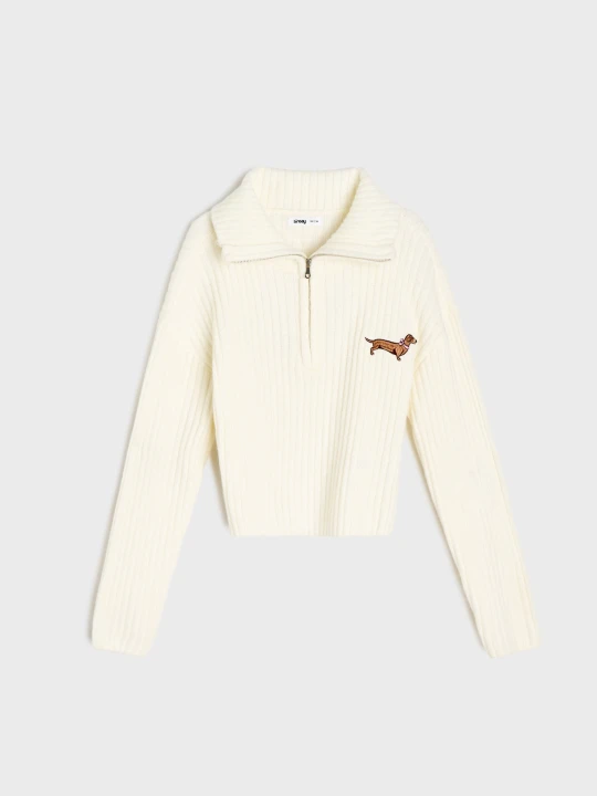 Zdjęcie produktu Sinsay - Prążkowany sweter half-zip z haftem jamnika - kremowy
