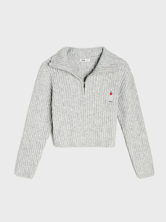 Zdjęcie produktu Sinsay - Prążkowany sweter half-zip z haftem pudla - szary