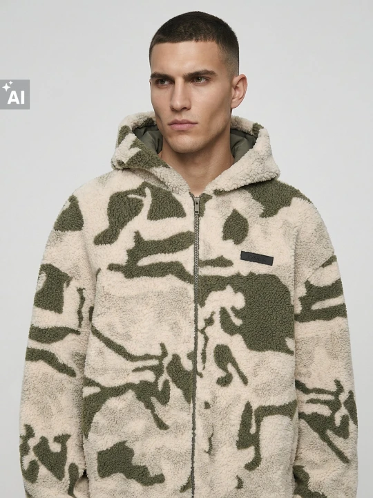 Zdjęcie produktu Sinsay - Rozpinana bluza sherpa moro z naszywką - zielony