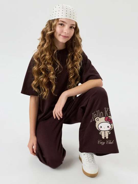 Zdjęcie produktu Sinsay - Spodnie dresowe wide leg Hello Kitty - brązowy