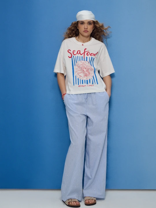 Zdjęcie produktu Sinsay - Spodnie wide leg w paski - błękitny