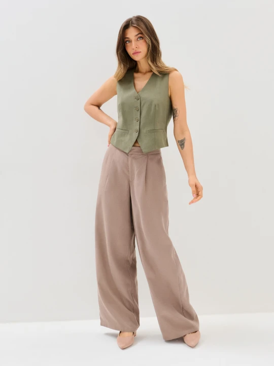 Zdjęcie produktu Sinsay - Spodnie wide leg z lyocellem i domieszką lnu - beżowy