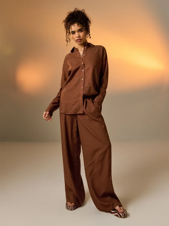 Zdjęcie produktu Sinsay - Spodnie wide leg z domieszką lnu - brązowy