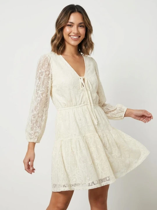 Zdjęcie produktu Sinsay - Sukienka mini babydoll z koronką - kremowy