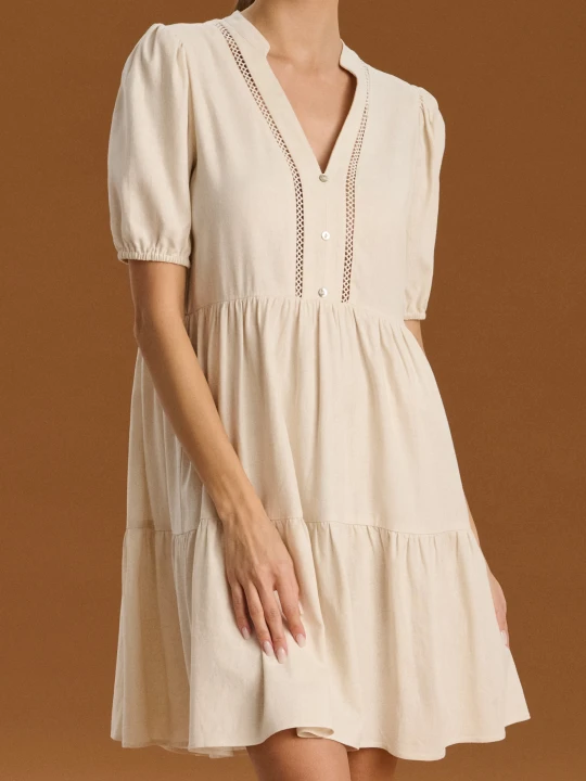 Zdjęcie produktu Sinsay - Sukienka mini babydoll z wiskozą i domieszką lnu - kremowy