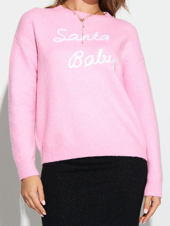 Zdjęcie produktu Sinsay - Świąteczny sweter z napisem "Santa Baby" z domieszką wełny - różowy