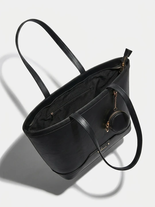 Zdjęcie produktu Sinsay - Torba shopper z imitacji skóry z zawieszką portfelem - czarny