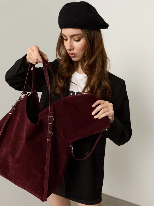 Zdjęcie produktu Sinsay - Torba shopper z imitacji zamszu z kosmetyczką - bordowy