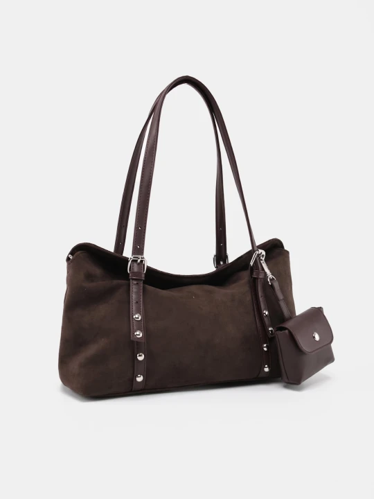 Zdjęcie produktu Sinsay - Torba shopper z imitacji zamszu z portfelem - brązowy
