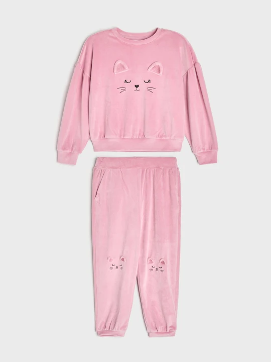 Zdjęcie produktu Sinsay - Welurowy komplet z motywem kota: bluza i spodnie jogger - różowy