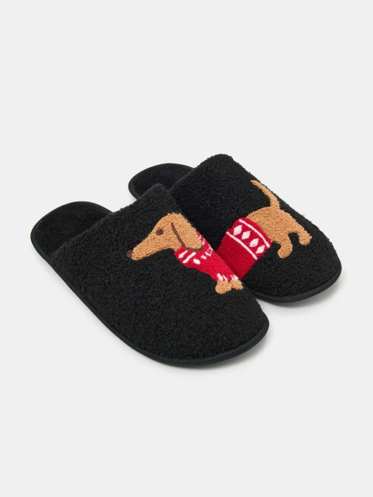 Zdjęcie produktu Sinsay - Wsuwane kapcie teddy z motywem jamnika - czarny