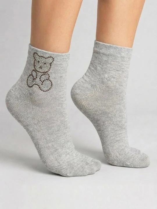 Zdjęcie produktu Skarpetki damskie bawełniane z dżetowym misiem szare - Footies F82 MARILYN