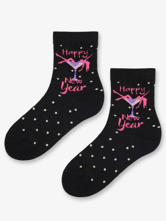 Zdjęcie produktu Skarpetki damskie bawełniane z kieliszkiem i napisem Happy New Year Happy Sl Marilyn czarny
