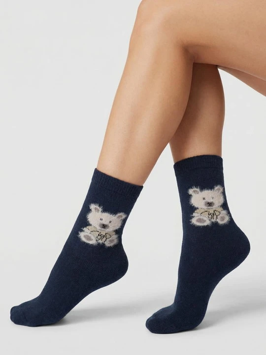 Zdjęcie produktu Skarpetki damskie ciepłe z wełną i angorą z motywem misia - Angora F32 MARILYN