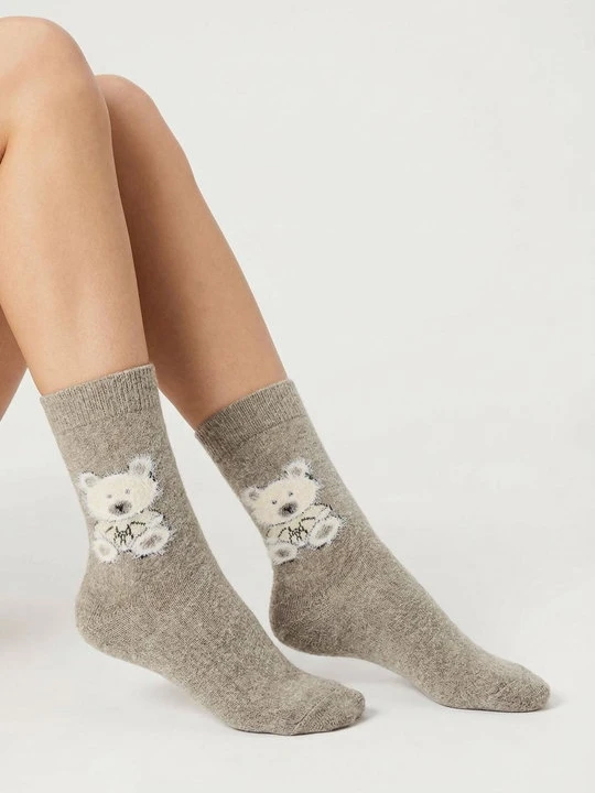Zdjęcie produktu Skarpetki damskie ciepłe z wełną i angorą z motywem misia - Angora F32 MARILYN