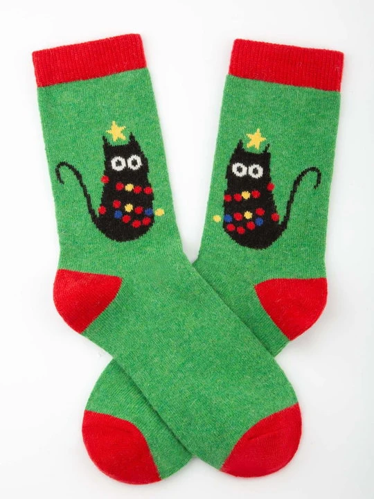 Zdjęcie produktu Skarpetki damskie z angorą z grafiką świątecznego kota D 35 Marilyn zielony