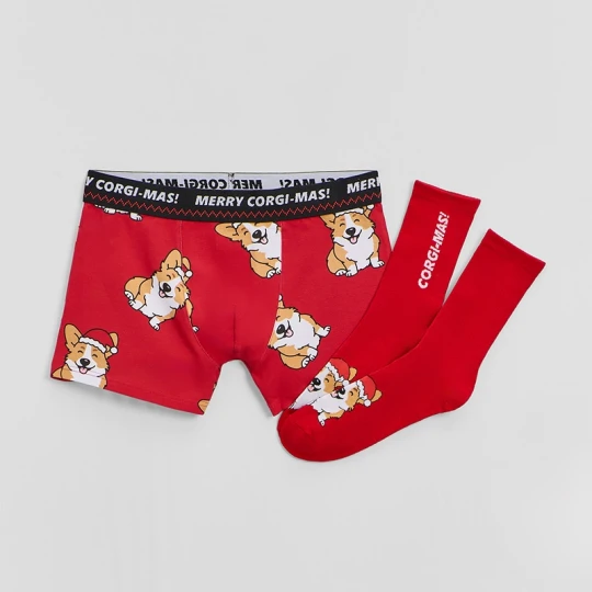 Zdjęcie produktu Skarpetki i bokserki z napisem Merry Corgi-mas! House