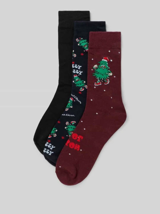 Zdjęcie produktu Skarpety z wyhaftowanym motywem w zestawie 3 szt. model ‘Jolly’ Jack&Jones Bordowy