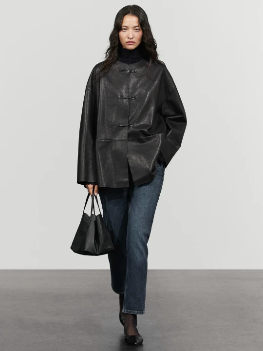 Zdjęcie produktu Skórzana Kurtka Z Zapięciem Na Kołeczki - Czarny - Massimo Dutti - Female