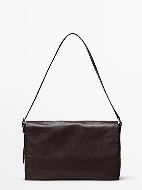 Zdjęcie produktu Skórzana Torebka Listonoszka Z Przeszyciami - Brązowy - Massimo Dutti - Female