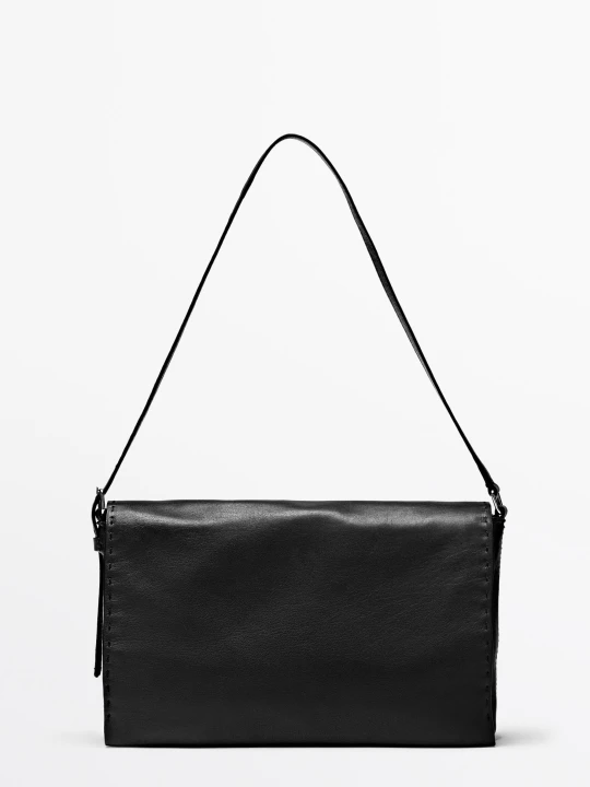 Zdjęcie produktu Skórzana Torebka Listonoszka Z Przeszyciami - Czarny - Massimo Dutti - Female