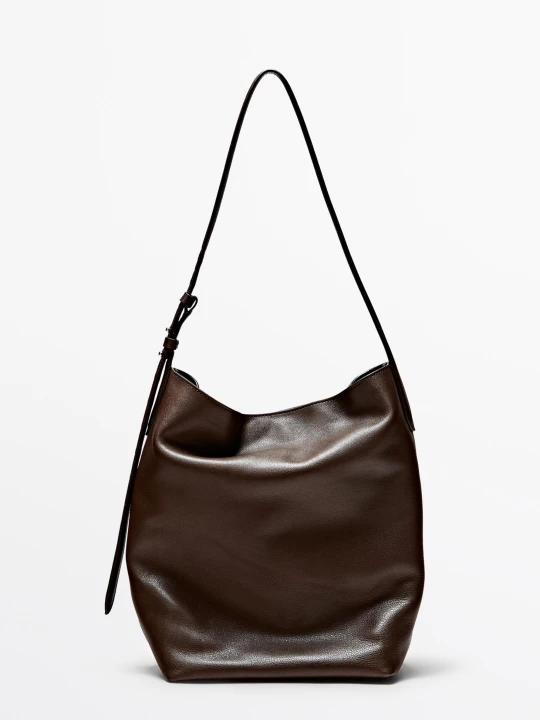 Zdjęcie produktu Skórzana Torebka Typu Worek Ze Skóry Nappa - Brązowy - Massimo Dutti - Female