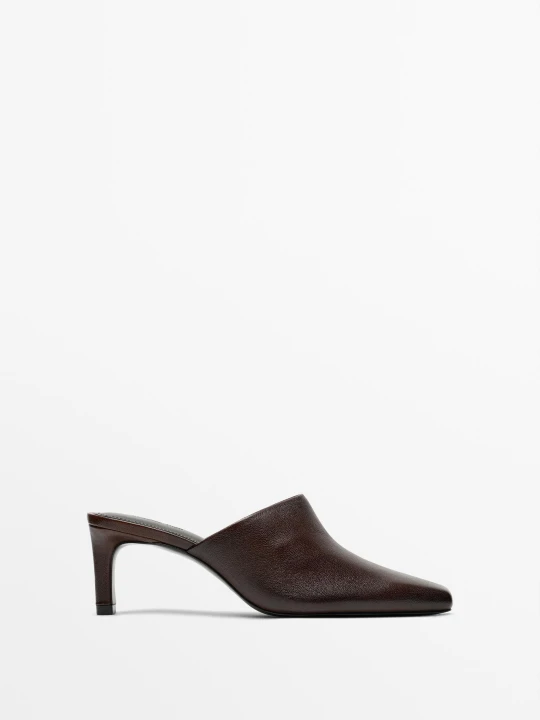 Zdjęcie produktu Skórzane Buty Na Obcasie Z Odkrytą Piętą - Bordowy - Massimo Dutti - Female