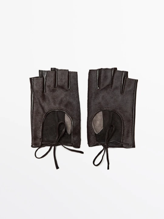 Zdjęcie produktu Skórzane Rękawiczki Biker Z Futrem - Brązowy - - Massimo Dutti - Female