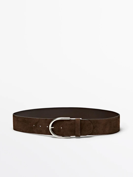 Zdjęcie produktu Skórzany Pasek Z Zamszowym Wykończeniem I Metalową Sprzączką - Khaki - S / 80cm - Massimo Dutti - Female