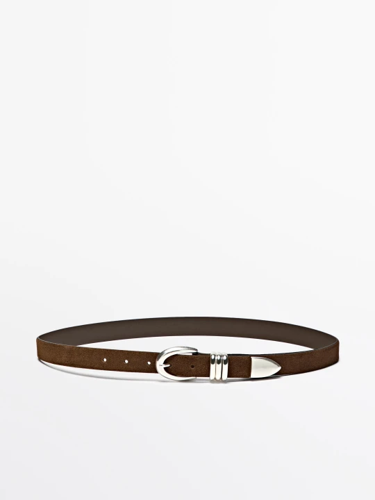Zdjęcie produktu Skórzany Zamszowy Pasek Z Metalowym Detalem - Szarobrązowy - M / 85cm - Massimo Dutti - Female