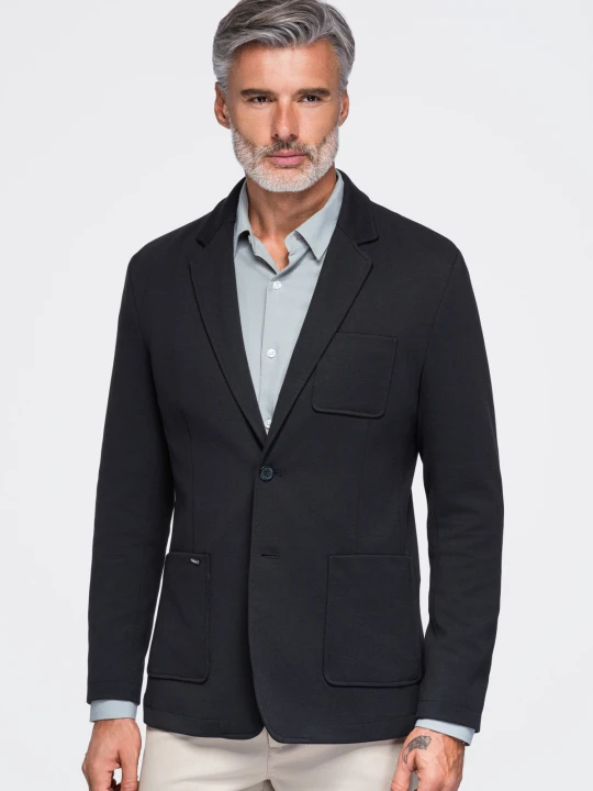 Zdjęcie produktu Slimowana męska marynarka SLIM z dzianiny o subtelnej strukturze – czarna V2 - Rozmiar: XL Ombre Clothing