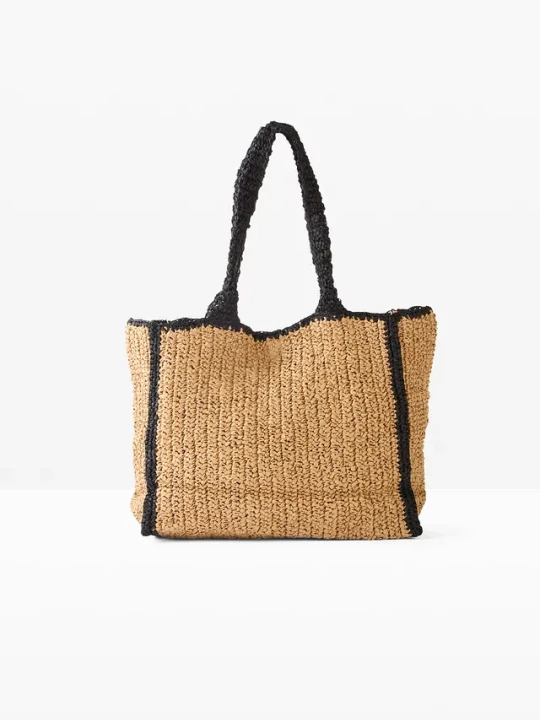 Zdjęcie produktu Słomkowa torba typu shopper z kontrastowymi detalami BonPrix beżowy